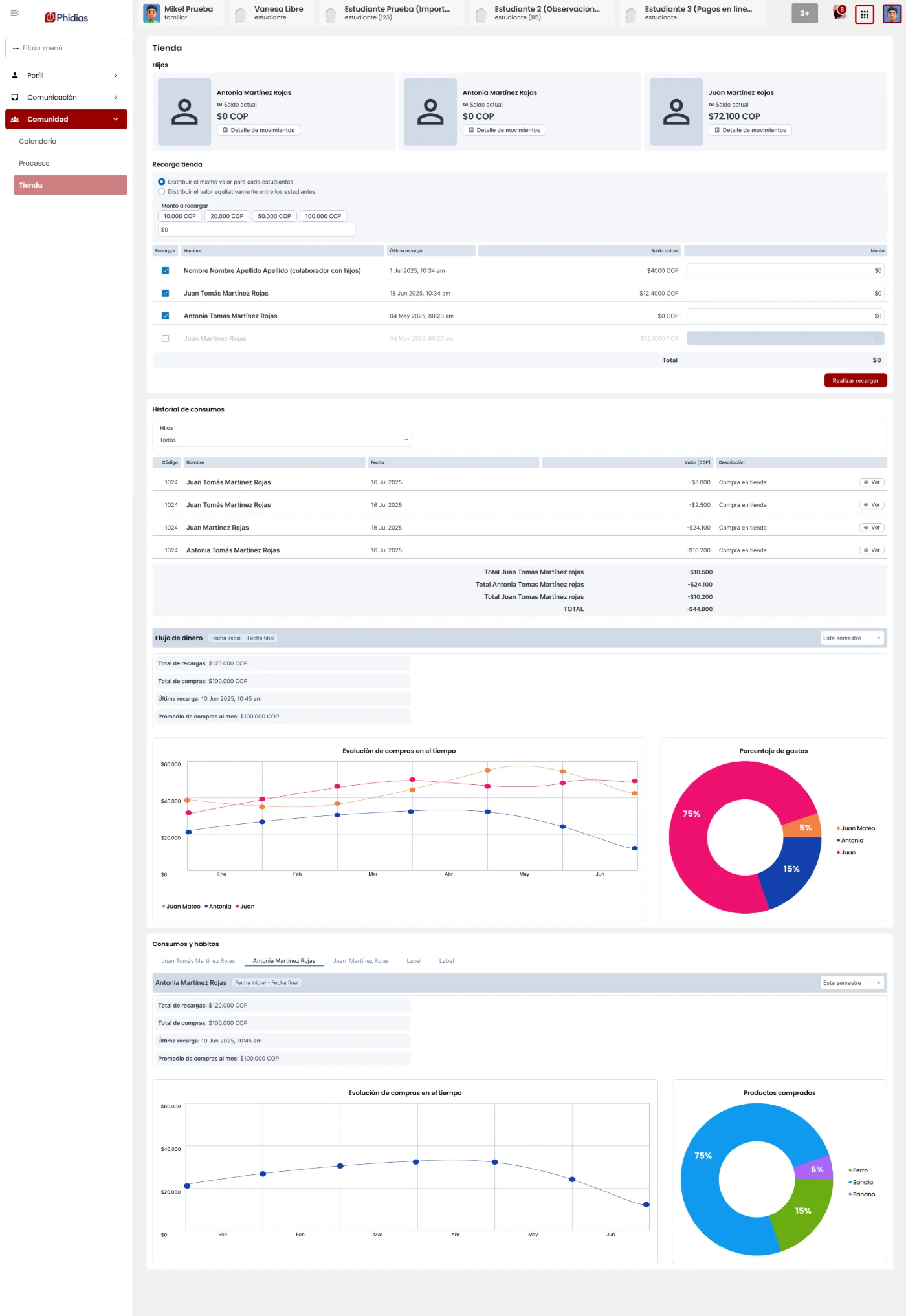 Phidias Store dashboard: top-ups, spending and reports